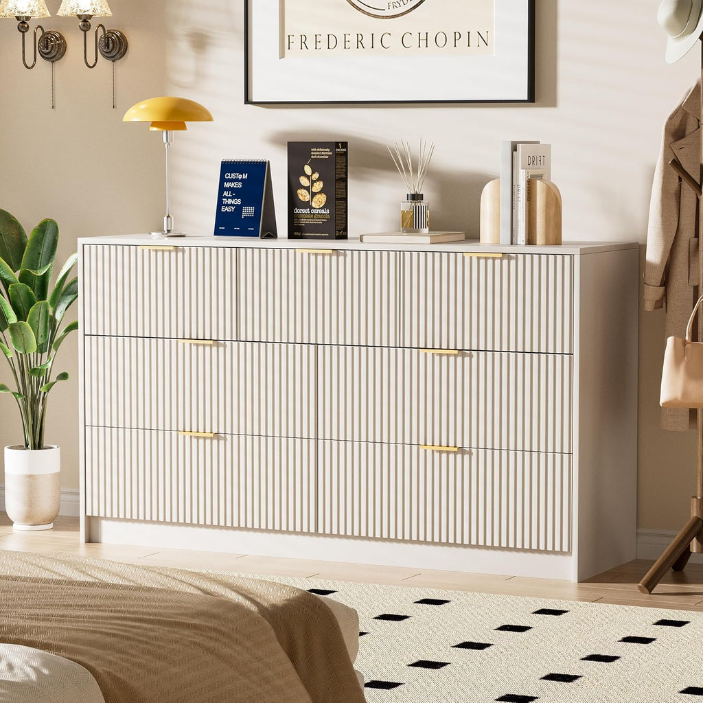 Furniway Beige Dresser for Bedroom, Modern Dresser with 7 Drawers and Smooth Slides, Wide Chest of Drawers with Golden Handles for Bedroom, Living Room, Closet, 15.7' D x 55.1' W x 31.4' H
