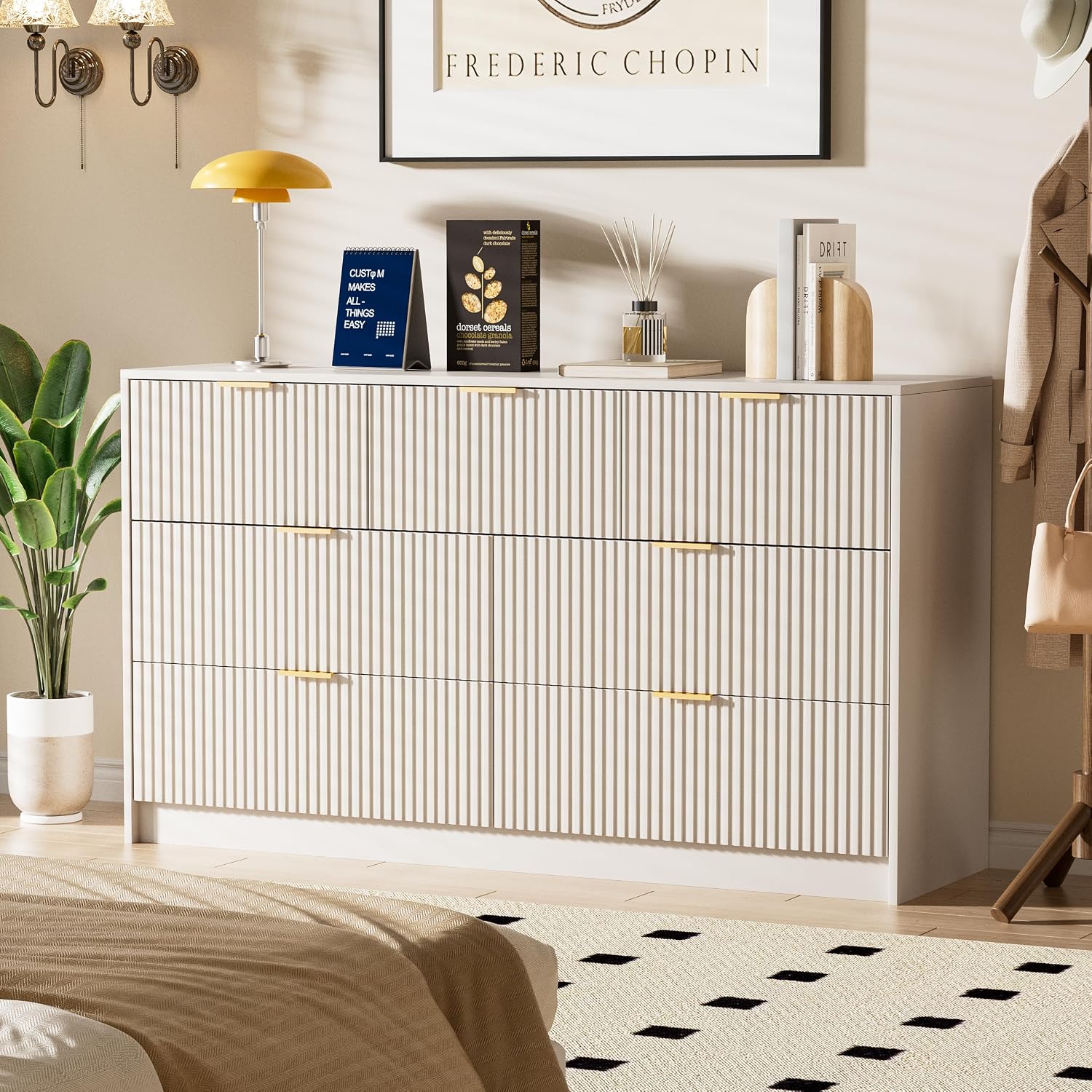 Furniway Beige Dresser for Bedroom, Modern Dresser with 7 Drawers and Smooth Slides, Wide Chest of Drawers with Golden Handles for Bedroom, Living Room, Closet, 15.7' D x 55.1' W x 31.4' H