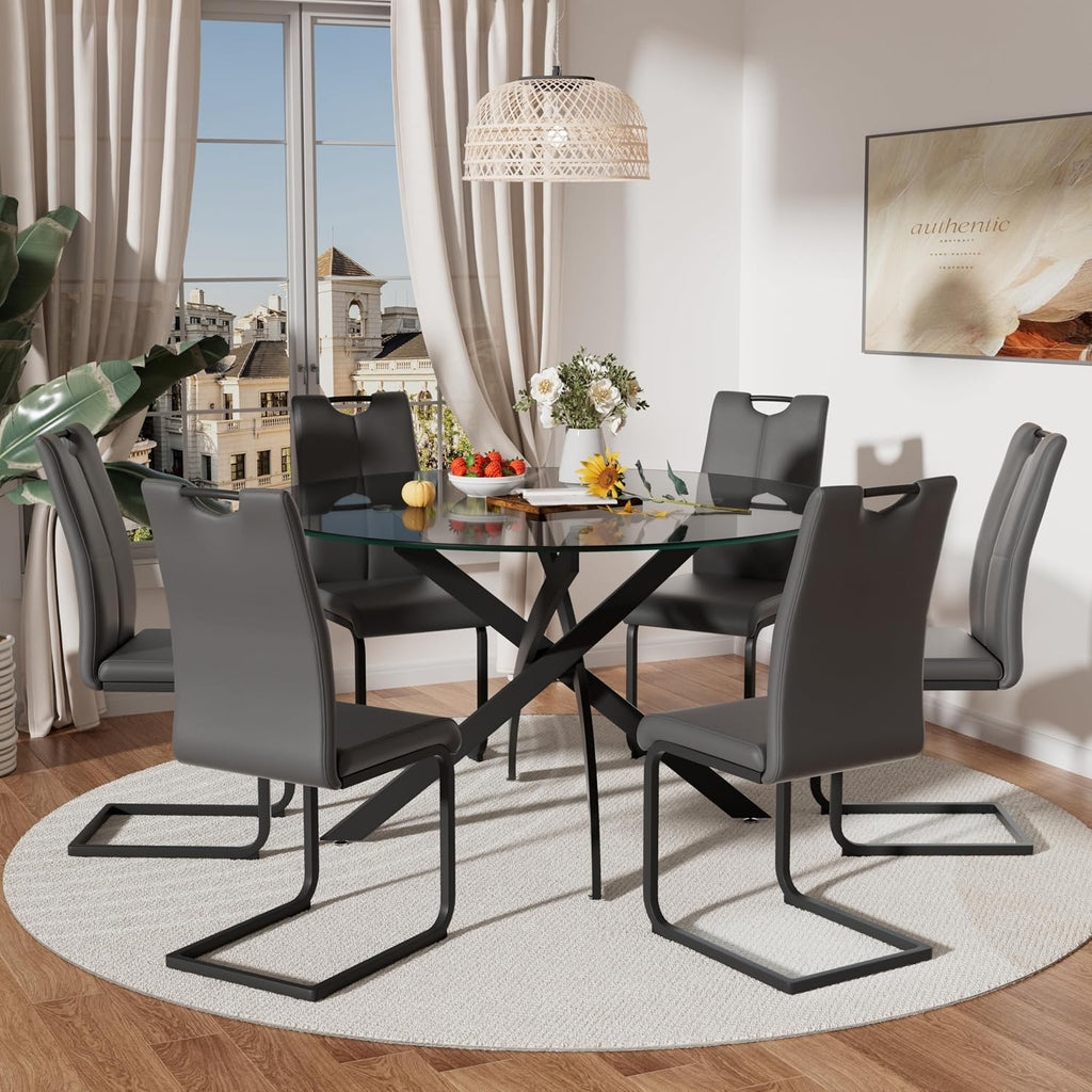 RGZ 7 Pieces Modern Round Kitchen Set, Clear Grey Circle Glass Dining Table with Dark Grey PU Faux Leather Chairs Set of 6, 47'' Large Luxury Circular Dinner Room Set, for Leisure Apartment (Black)