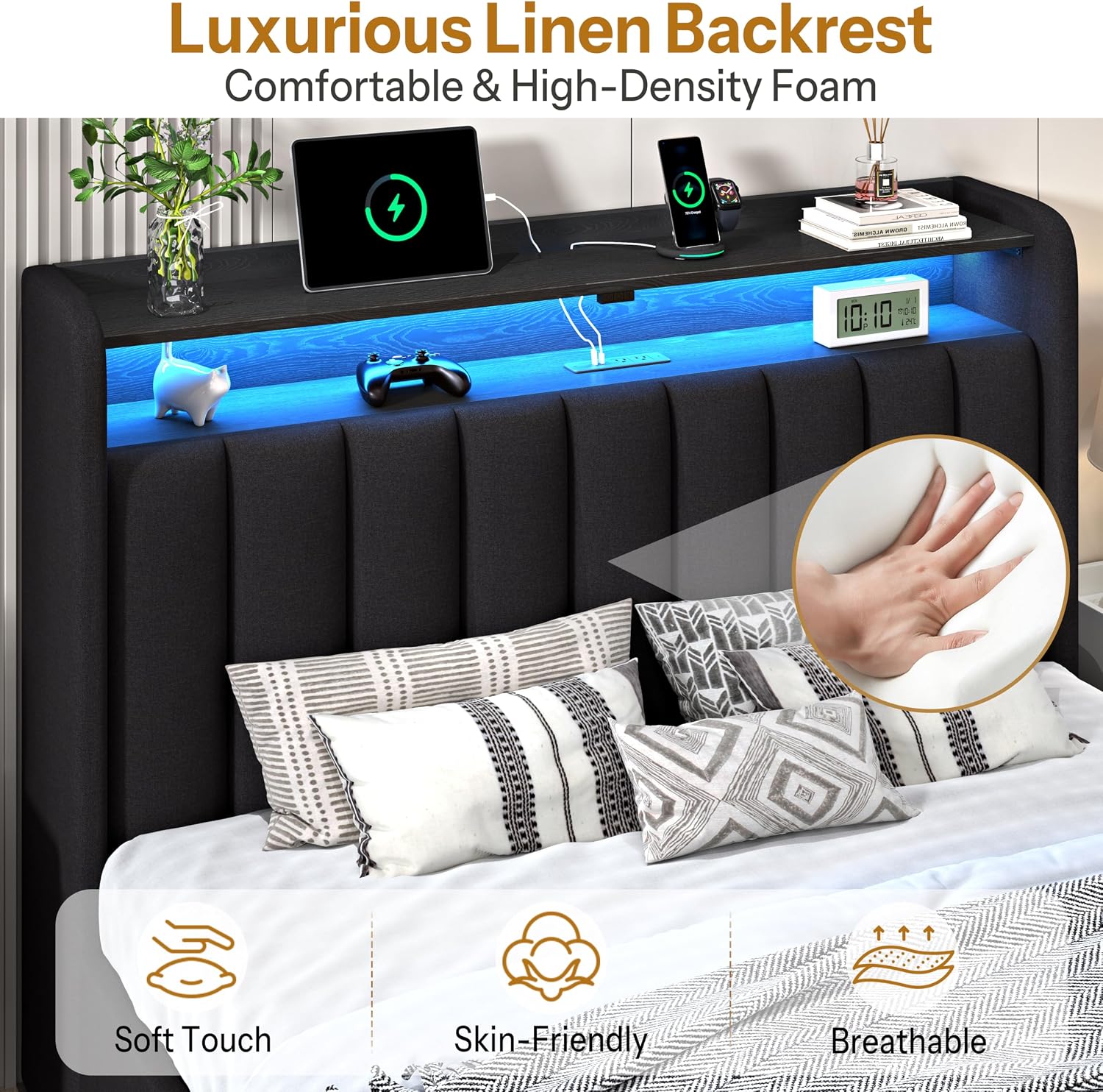 ChicZhiNest Full Size Bed Frame with 2 Storage Drawers, LED Headboard with Charging Station, Upholstered Bed Frame Full with Wooden Slats & Footboard Cubbies, No Box Spring Needed, Black