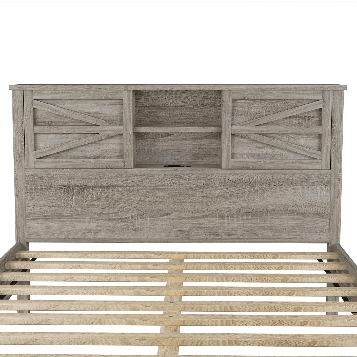 3-Pieces Queen Size Bedroom Sets, Farmhouse Platform Bed with Double Sliding Door USB Storage Headboard, 3PCS Bedroom Sets with Cabinet and Nightstands, Kids Adults, Gray