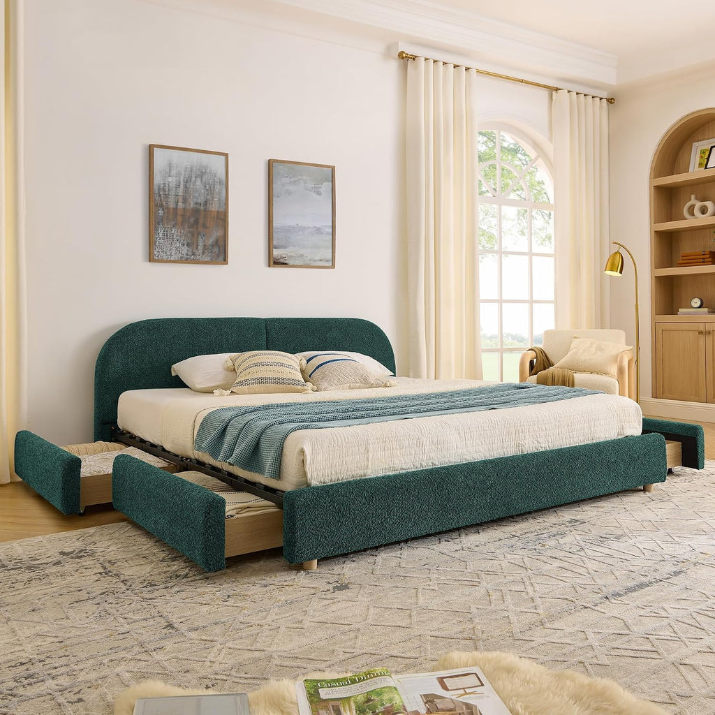 King Size Floor Bed Frame with 4 Wheeled Storage Drawer and Tall Curved Headboard, Modern Minimalist Style Upholstered Platform Bed Frame, Wooden Slats Support, Easy Assembly, Green