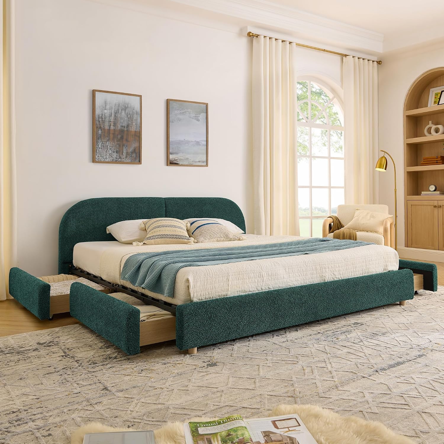 King Size Floor Bed Frame with 4 Wheeled Storage Drawer and Tall Curved Headboard, Modern Minimalist Style Upholstered Platform Bed Frame, Wooden Slats Support, Easy Assembly, Green
