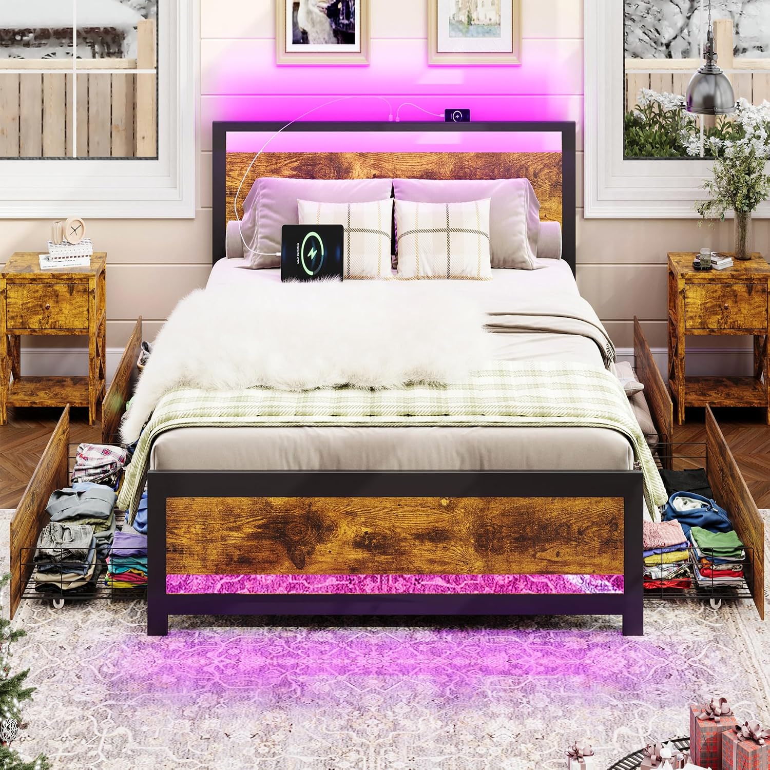 Ailisite Farmhouse Twin Size Bed Frame with Storage and 4 Drawers, Rustic Led Bed Frame with Headboard and Charging Station, Metal Twin Platform Bed Frame No Box Spring Needed, Noise Free, Brown