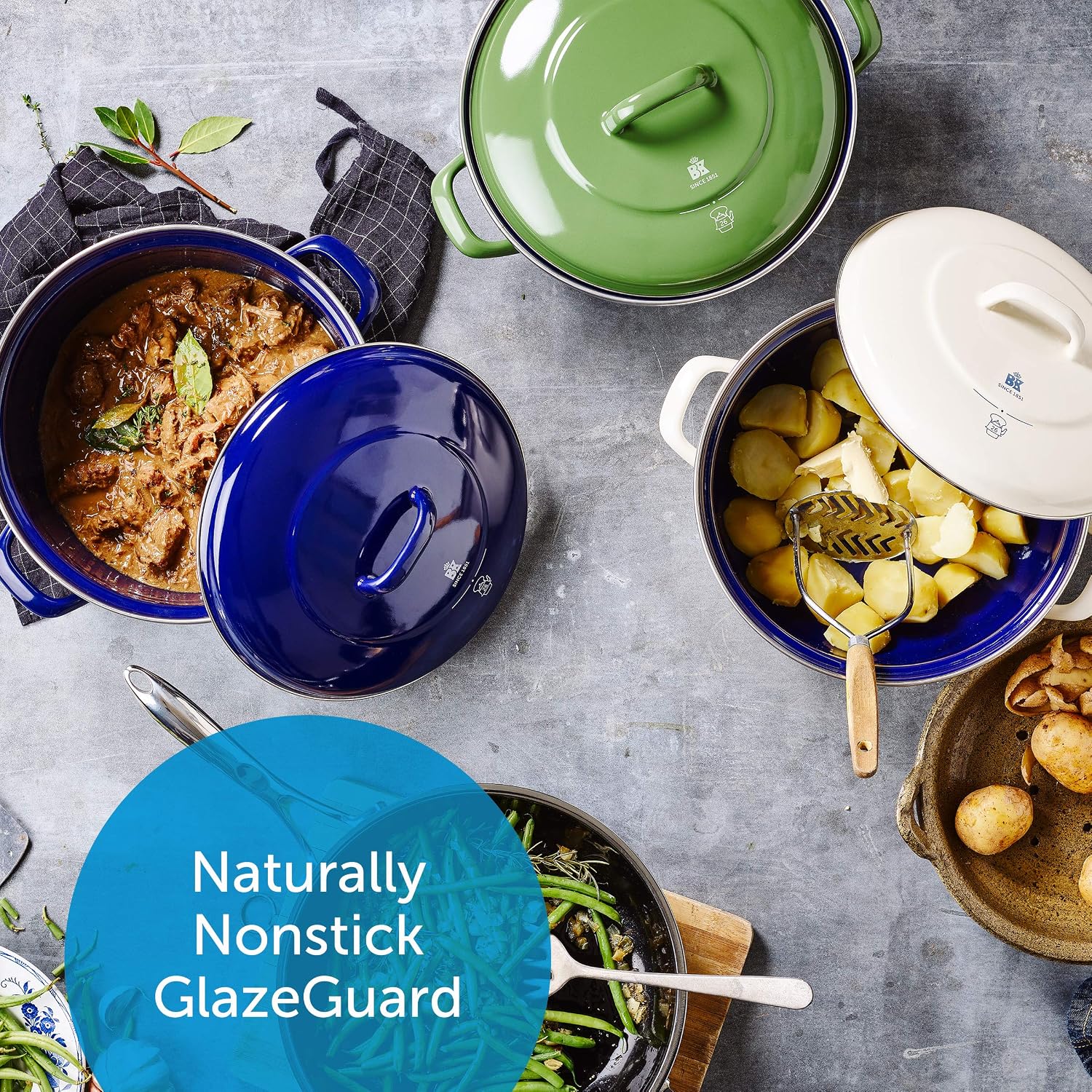 BK Indigo Dutch Heritage Round German Enamelled Casserole with Lid with PFAS-Free Ceramic Non-Stick Coating, 26 cm/5.2 Litre, Induction, Dishwasher Safe, Oven Safe, Green