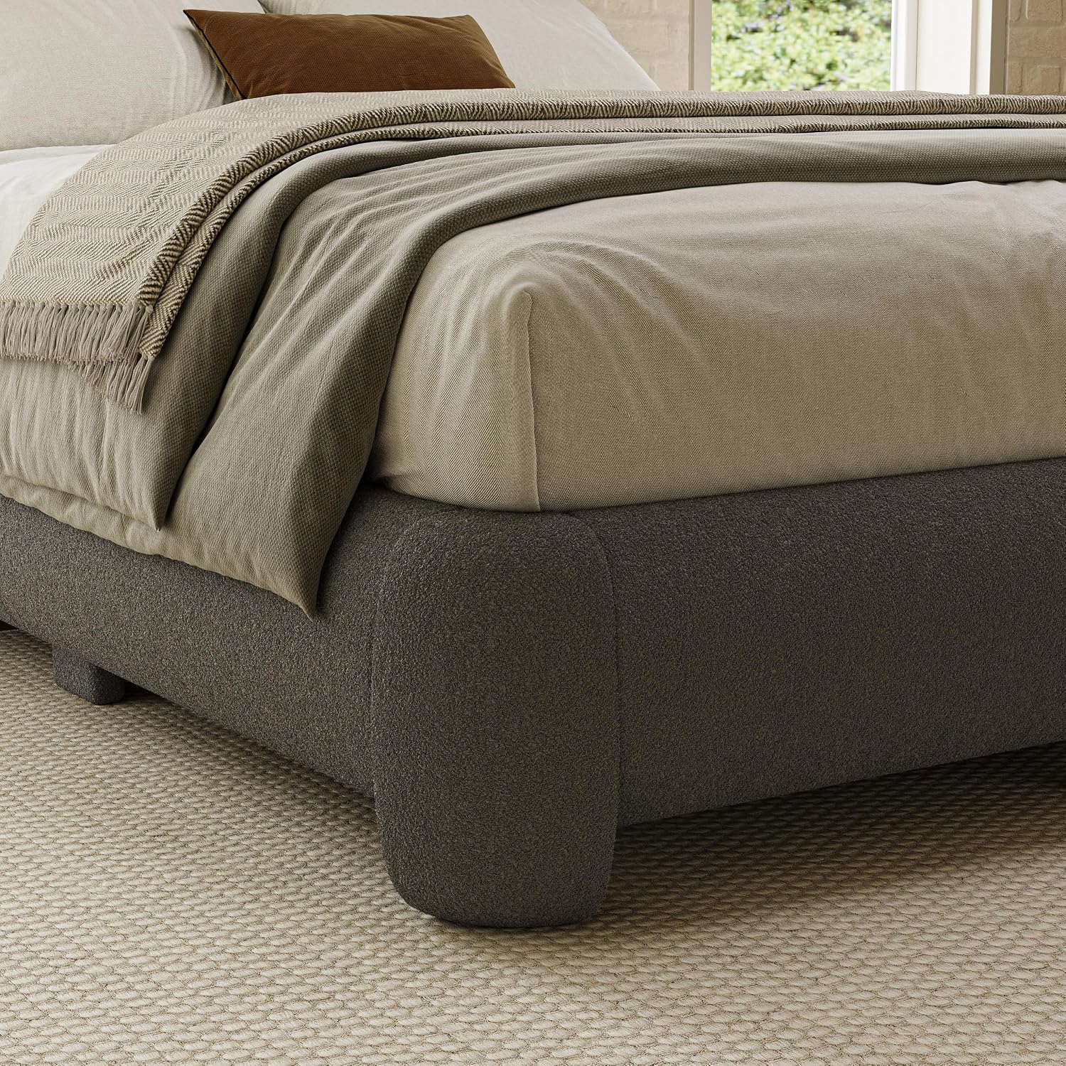 Cloud Bed Frame King Size, Soft Boucle Bed Frame with Round Corner, Upholstered King Size Bed Frame with Heavy Duty Wood Slat, No Box Spring Needed, Easy Assembly, Dark Grey