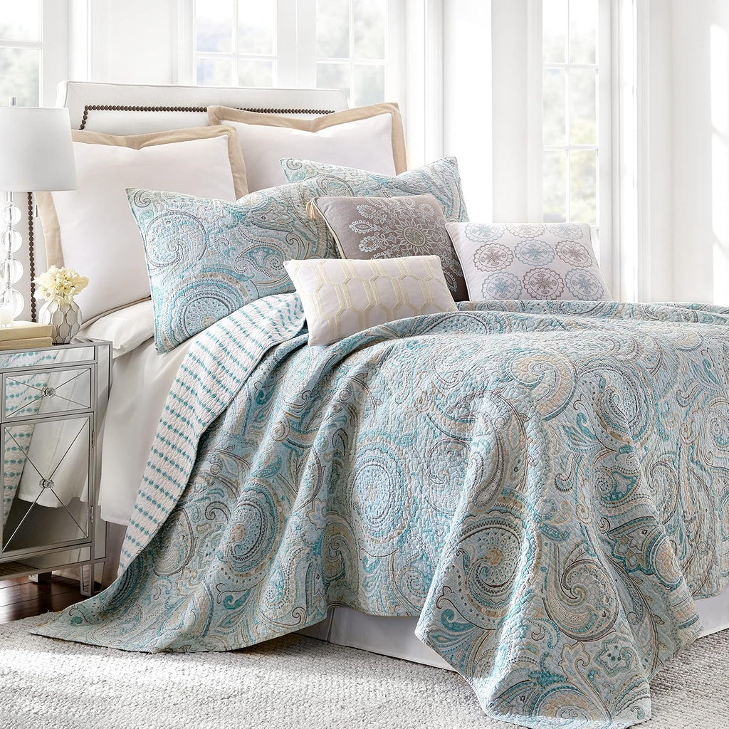 Levtex Home - Spruce Spa Quilt Set - King/Cal King Quilt (106x92in.) + Two King Pillow Shams (36x20in.) - Paisley Pattern in Soft Spand Tan Hues - Reversible - Cotton