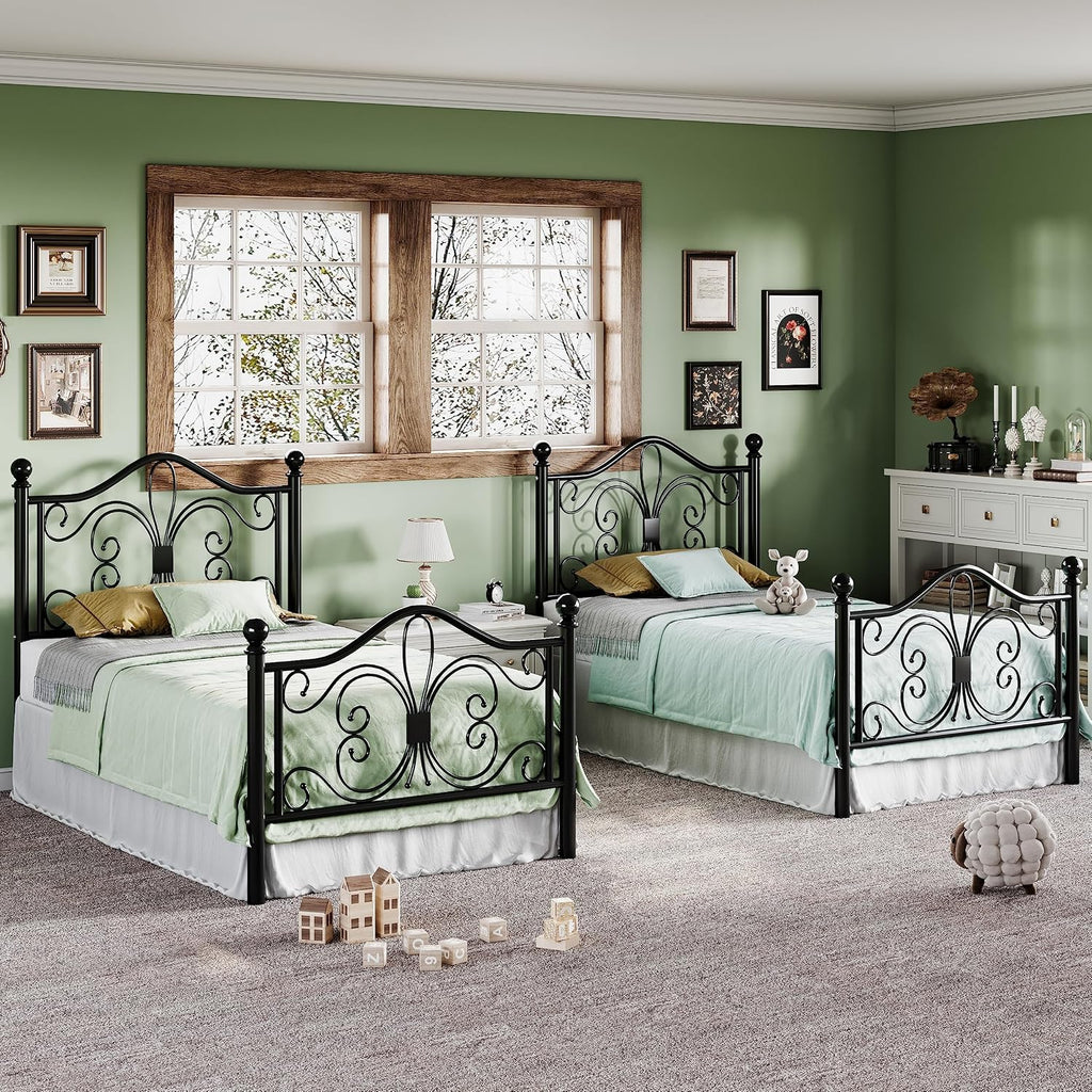 Allewie Twin Size Bed Frame for Kids,Metal Bed Frame with Butterfly Pattern Design Headboard and Footboard,No Box Spring Needed,Easy Assembly,Black