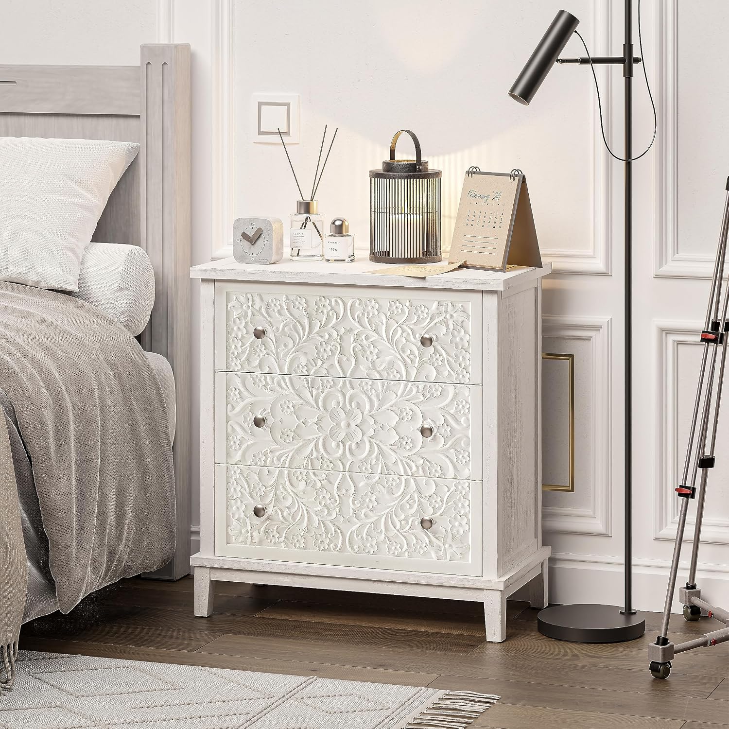 COZAYH 3-Drawer Fully-Assembled Flower Motif Dresser, Set of 2 Nightstand for French Country, Farmhouse, Modern, Rustic Style, Distressed Finish, White-Washed