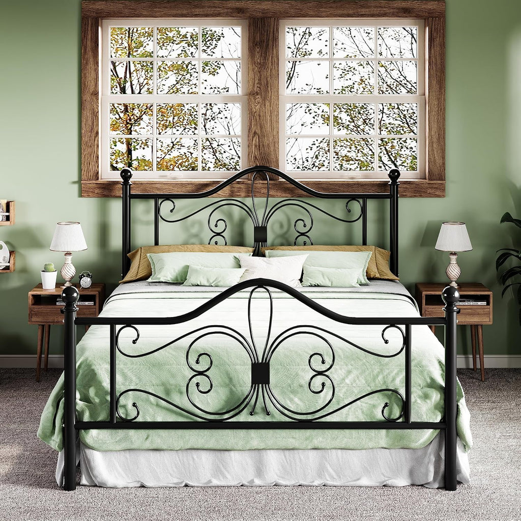 Allewie Queen Size Bed Frame with Headboard,Metal Bed Frame with Butterfly Pattern Design Headboard & Footboard,No Box Spring Needed,Easy Assembly,Black