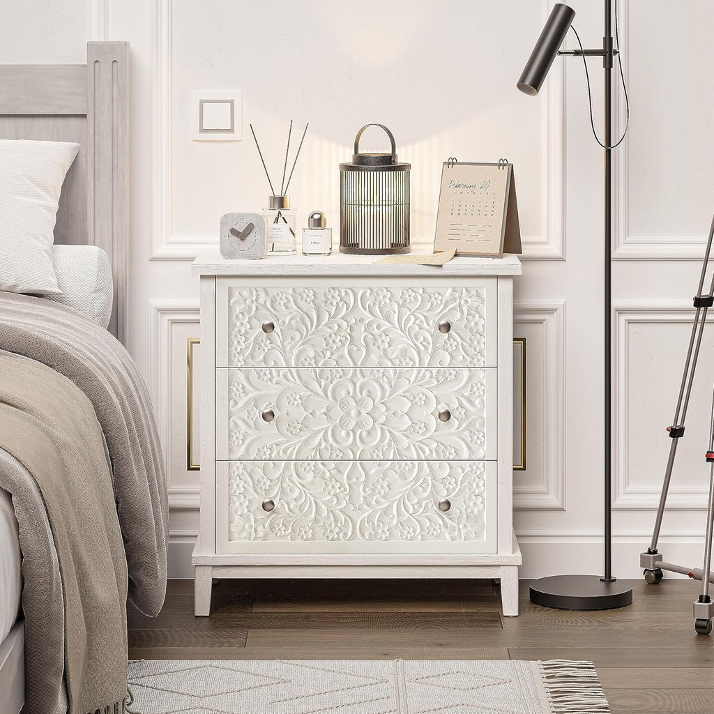 COZAYH 3-Drawer Fully-Assembled Flower Motif Dresser, Set of 2 Nightstand for French Country, Farmhouse, Modern, Rustic Style, Distressed Finish, White-Washed