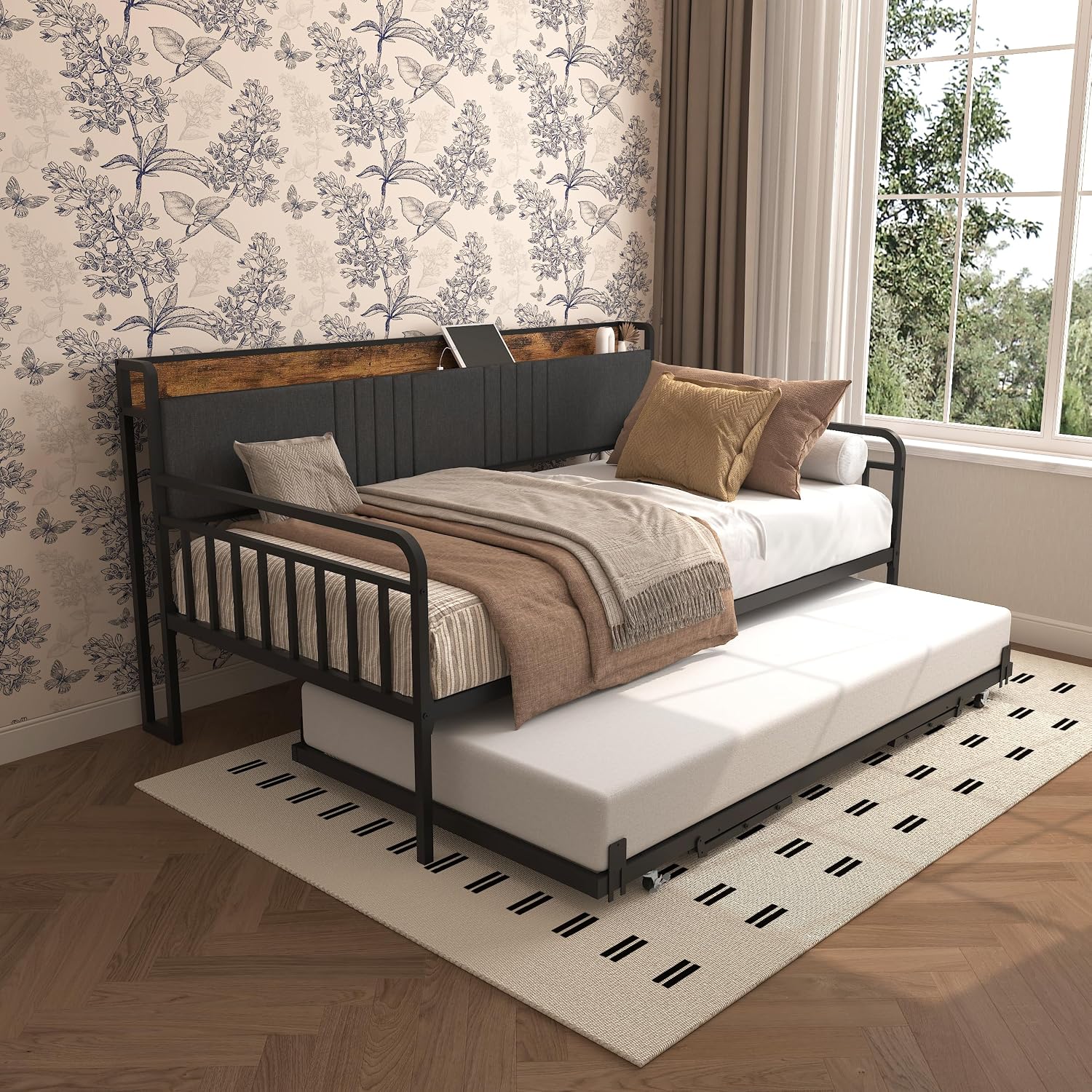 Daybed with Trundle, Sturdy Metal Twin Size Bed Frame with Upholstered Headboard & Charging Station and LED Light for Living Room, Bedroom and Guest Room (Black Brown, Twin)