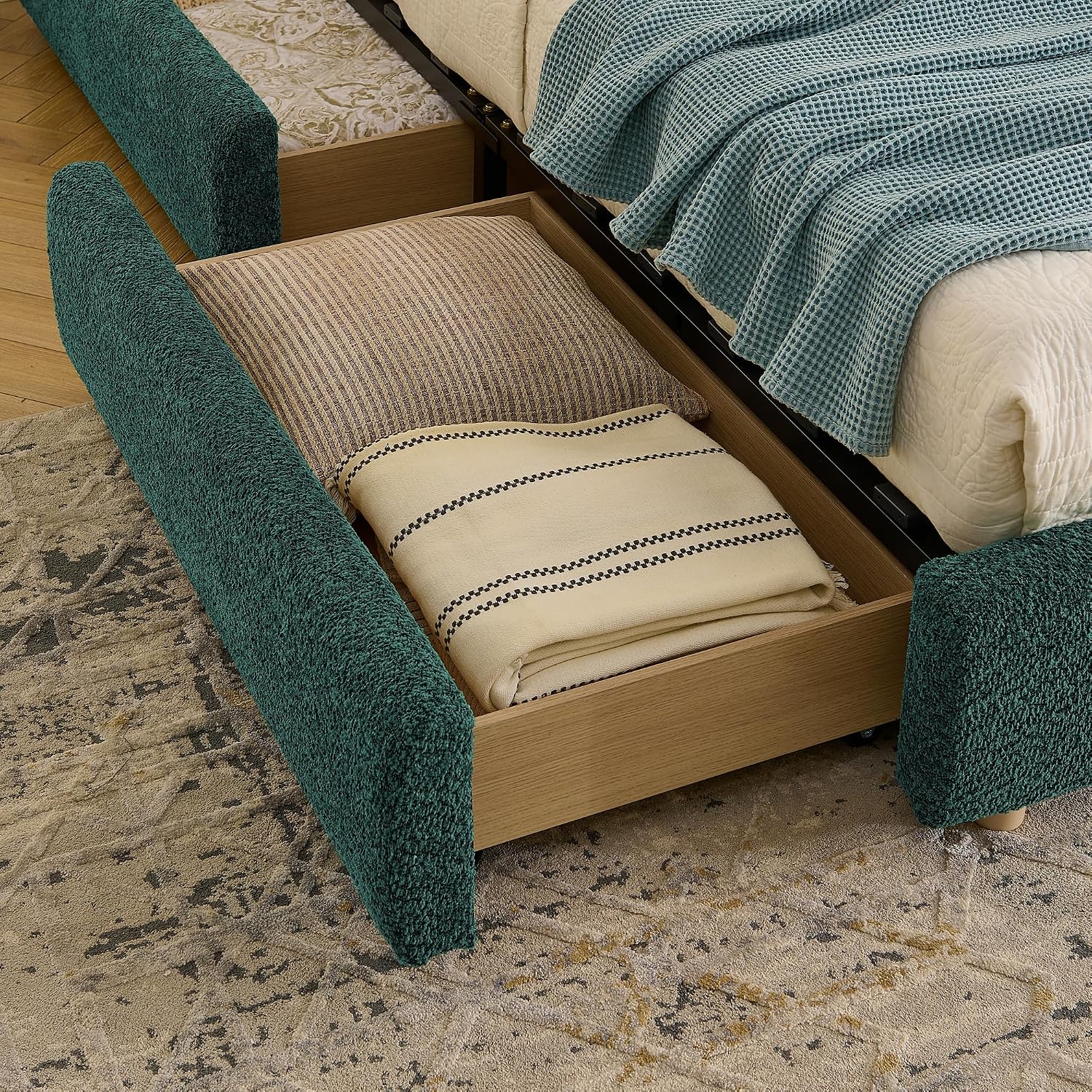 King Size Floor Bed Frame with 4 Wheeled Storage Drawer and Tall Curved Headboard, Modern Minimalist Style Upholstered Platform Bed Frame, Wooden Slats Support, Easy Assembly, Green