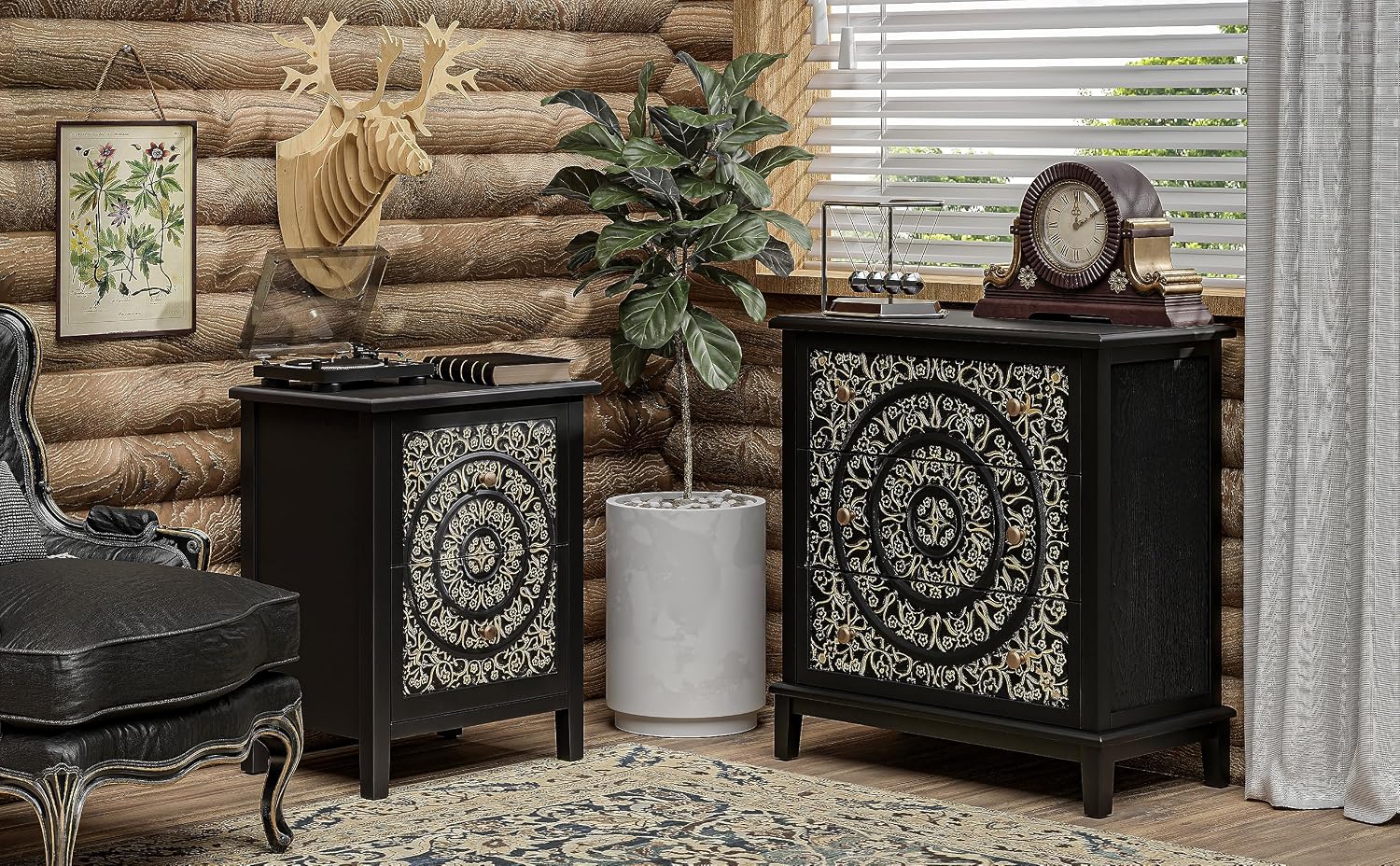 COZAYH Set of 2 2-Drawer Fully-Assembled Flower Motif Nightstand for Small Spaces, French Country, Modern, Distressed Finish,Gold & Black