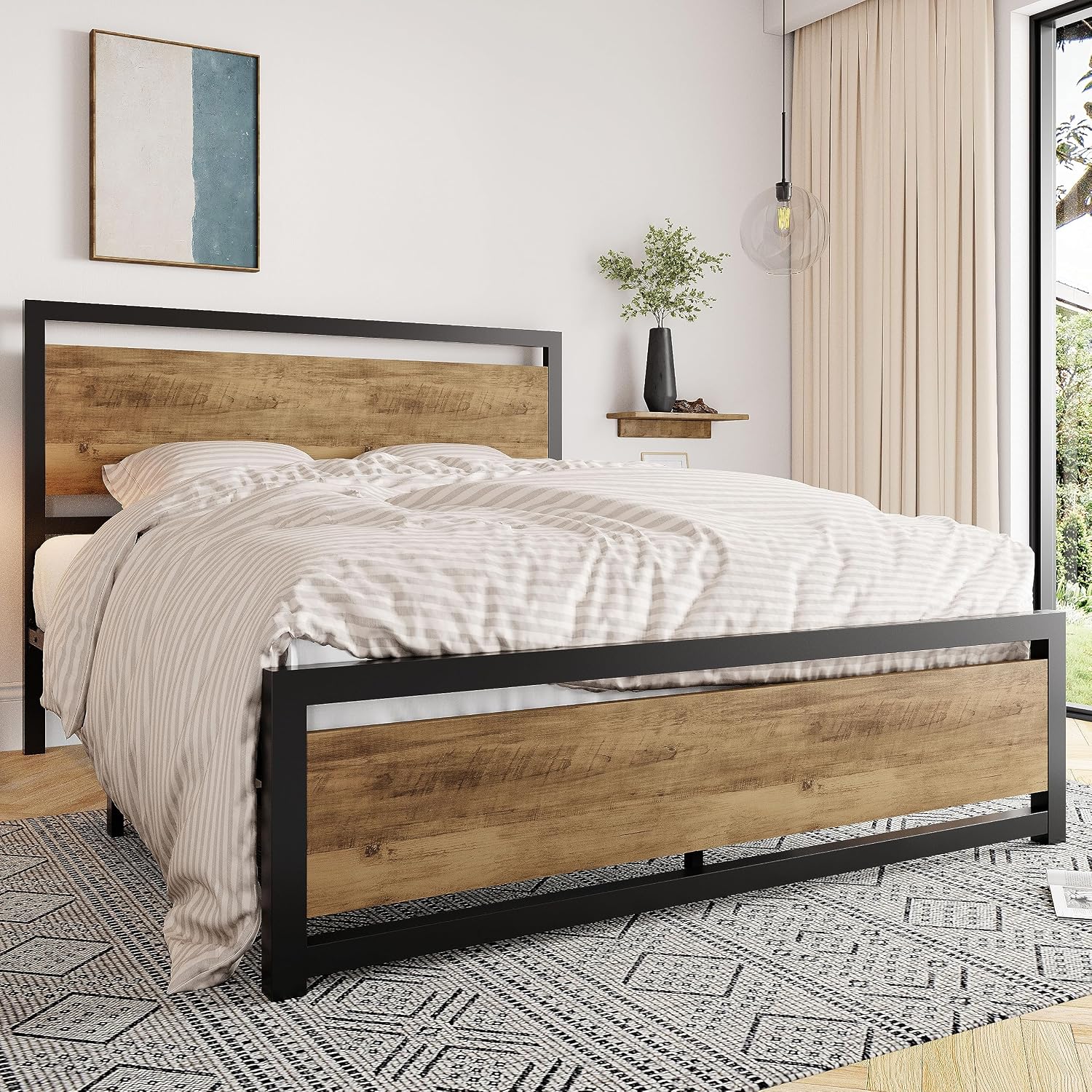 Allewie Queen Bed Frame with Headboard, Heavy Duty Metal Platform Base with Strong Support, Underneath Storage Space, Stable Mattress Foundation, No Box Spring Needed, Brown
