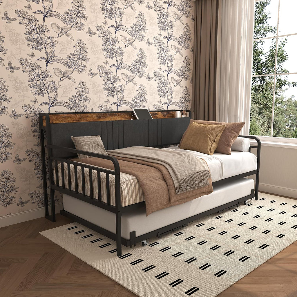 Daybed with Trundle, Sturdy Metal Twin Size Bed Frame with Upholstered Headboard & Charging Station and LED Light for Living Room, Bedroom and Guest Room (Black Brown, Twin)