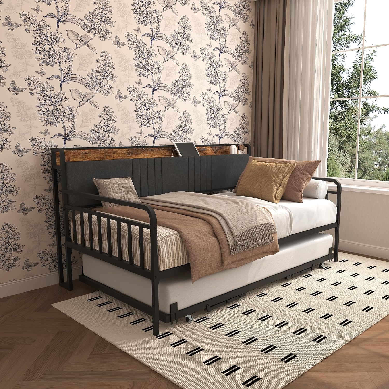 Daybed with Trundle, Sturdy Metal Twin Size Bed Frame with Upholstered Headboard & Charging Station and LED Light for Living Room, Bedroom and Guest Room (Black Brown, Twin)