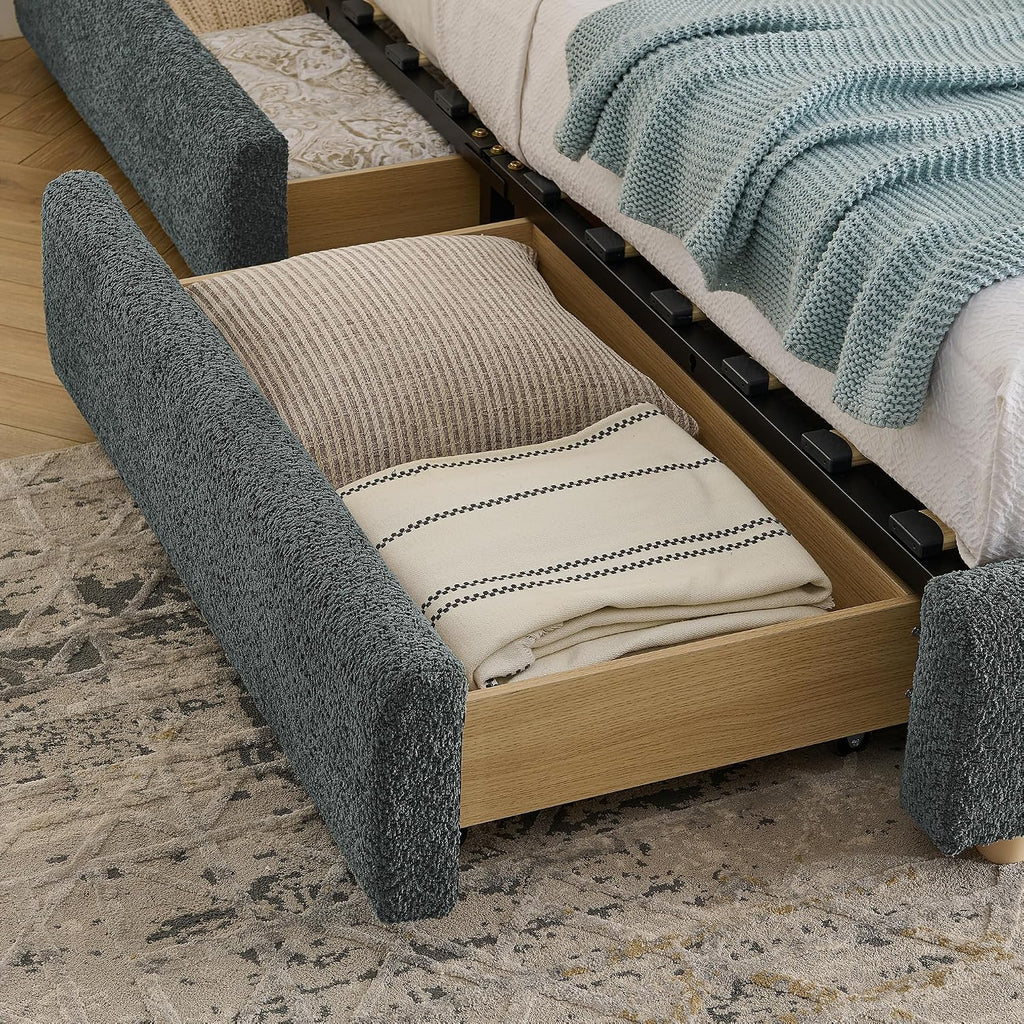 Queen Size Floor Bed Frame with 4 Wheeled Storage Drawer and Tall Curved Headboard, Modern Minimalist Style Upholstered Platform Bed Frame, Wooden Slats Support, Easy Assembly, Dark Grey