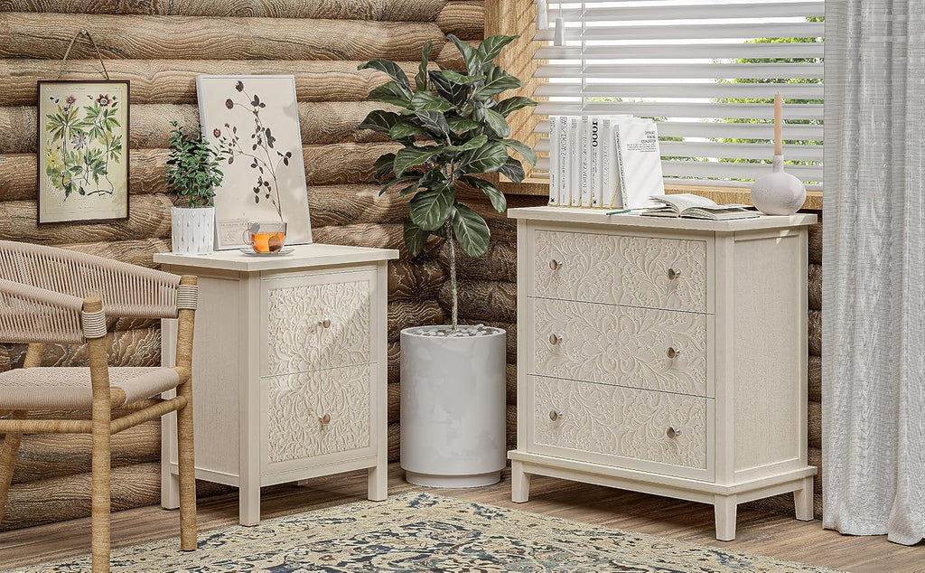 COZAYH 3-Drawer Fully-Assembled Flower Motif Dresser, Set of 2 Nightstand for French Country, Farmhouse, Modern, Rustic Style, Distressed Finish, White-Washed
